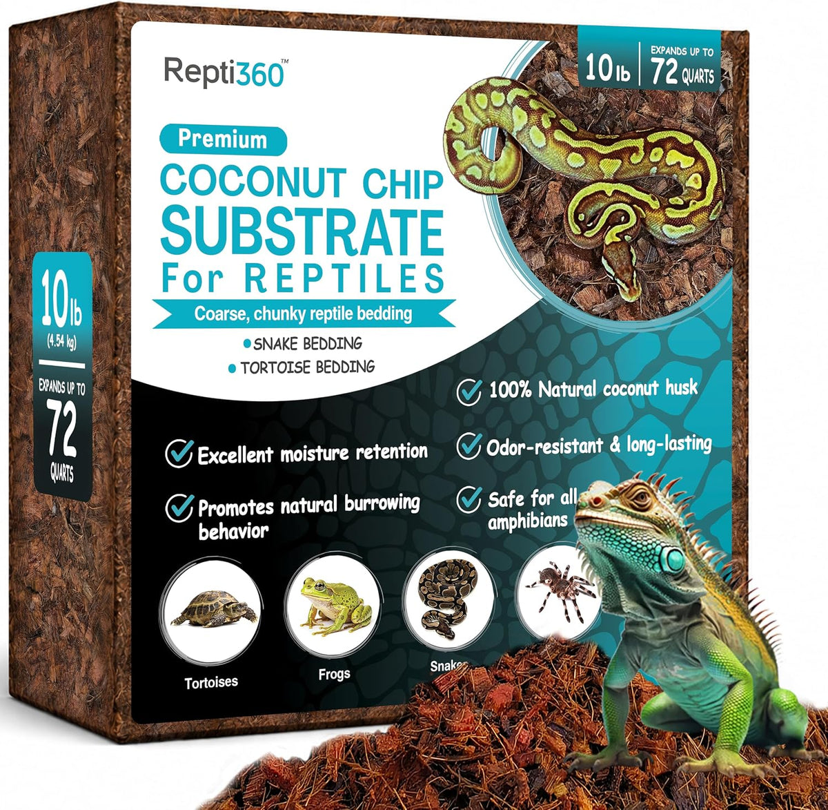 Premium Coconut Chip Substrate for Reptiles – 10 LB Block in Carton Box, Expands to 72 Quarts – Natural & Dust-Free
