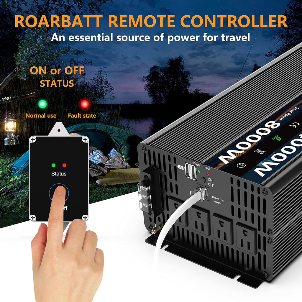 4000W Pure Sine Wave Power Inverter 12V DC to 110V/120V AC, 8000W Peak with Remote Control, 4 AC Outlets, Dual USB