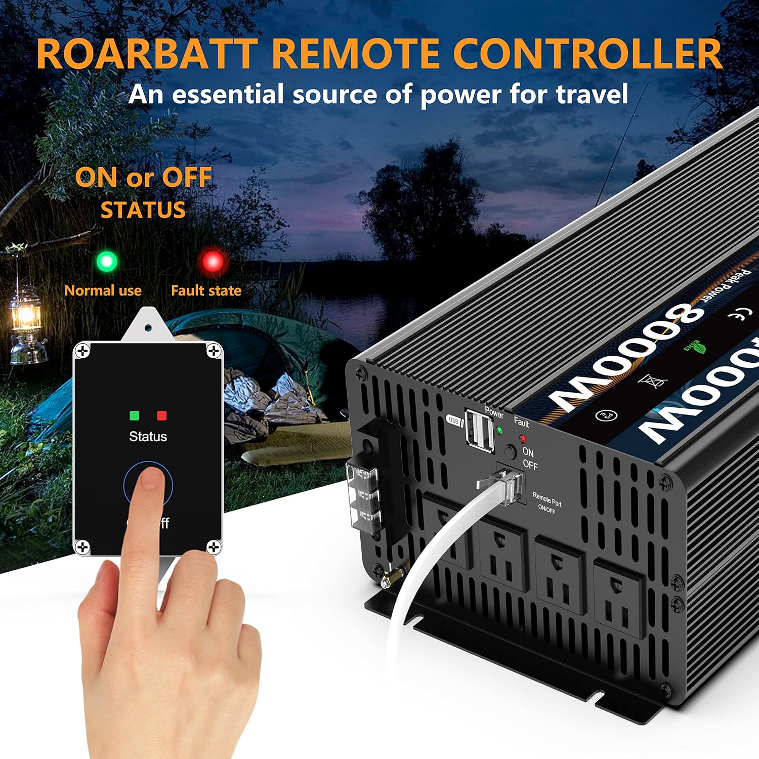 4000W Pure Sine Wave Power Inverter 12V DC to 110V/120V AC, 8000W Peak with Remote Control, 4 AC Outlets, Dual USB