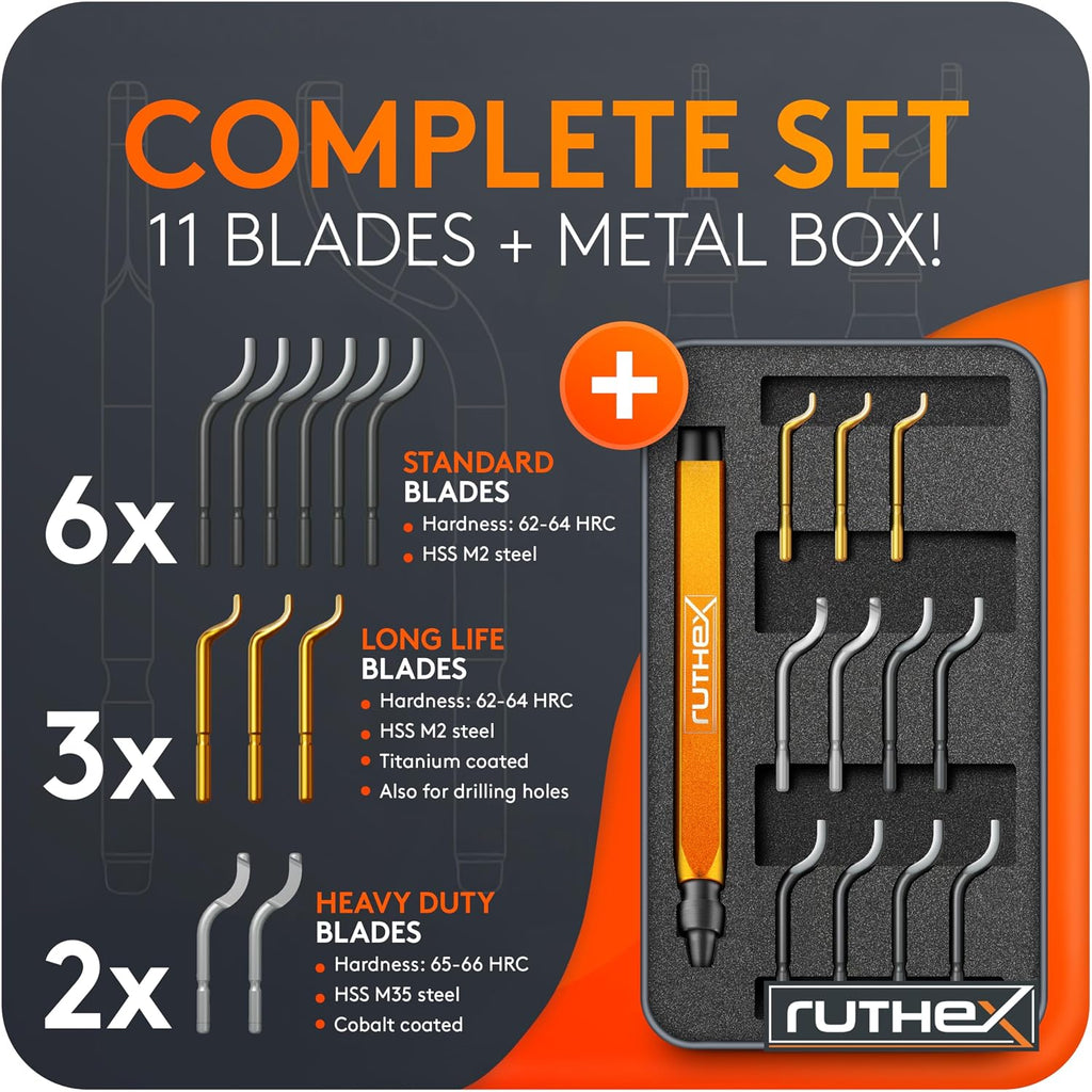 Deburring Tool (11 Blades) in Metal Box – Manual Debur Tool with Storage in Handle – Ideal Deburring Tool for Metal