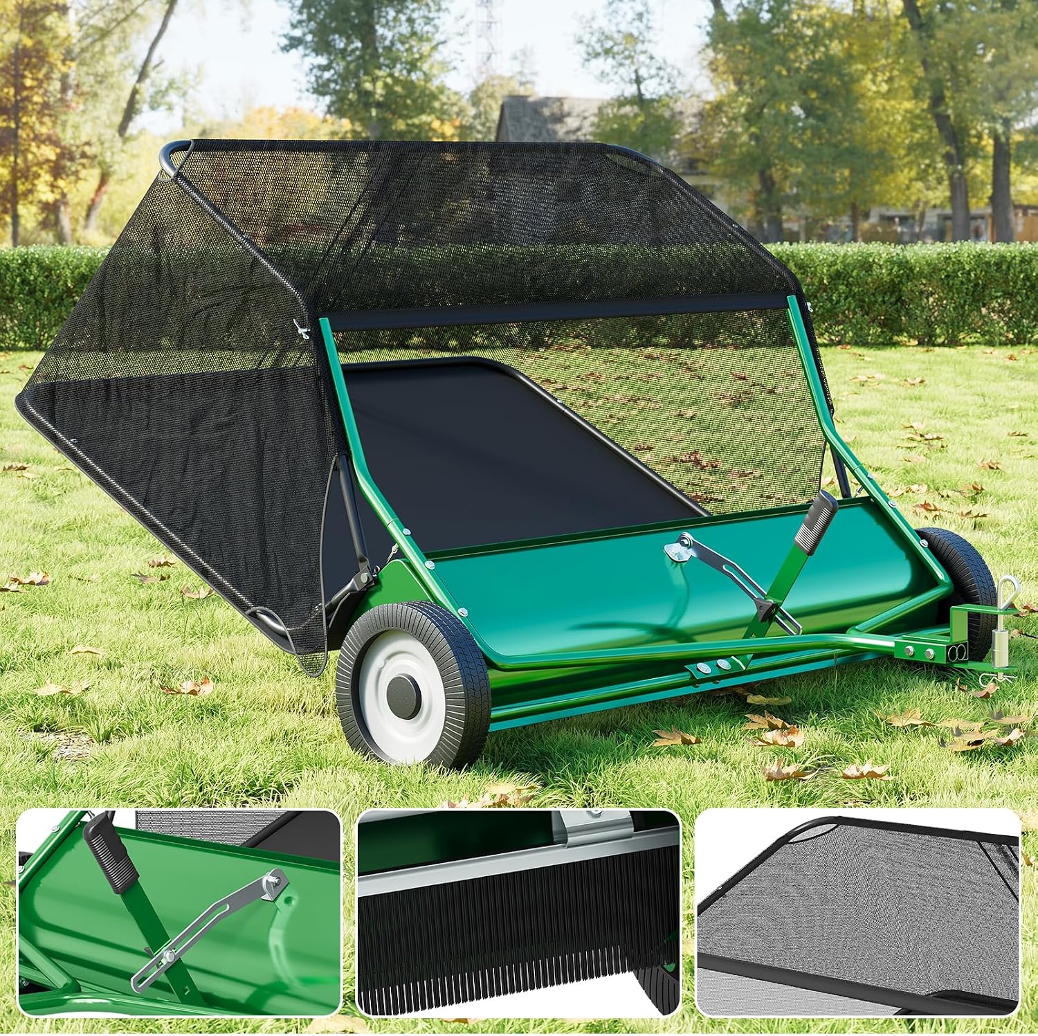 48" Tow Behind Lawn Sweeper, Pull Behind Leaf & Grass Collector for Tractor