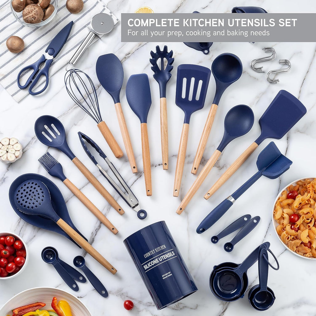 Non Stick Silicone Utensil Set with Rounded Wood Handles for Cooking and Baking, 38 Piece Set, Navy