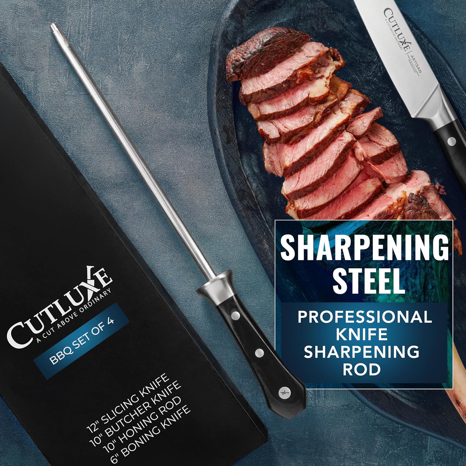 Butcher Knife Set, Brisket, Breaking & Boning Knife with Honing Rod