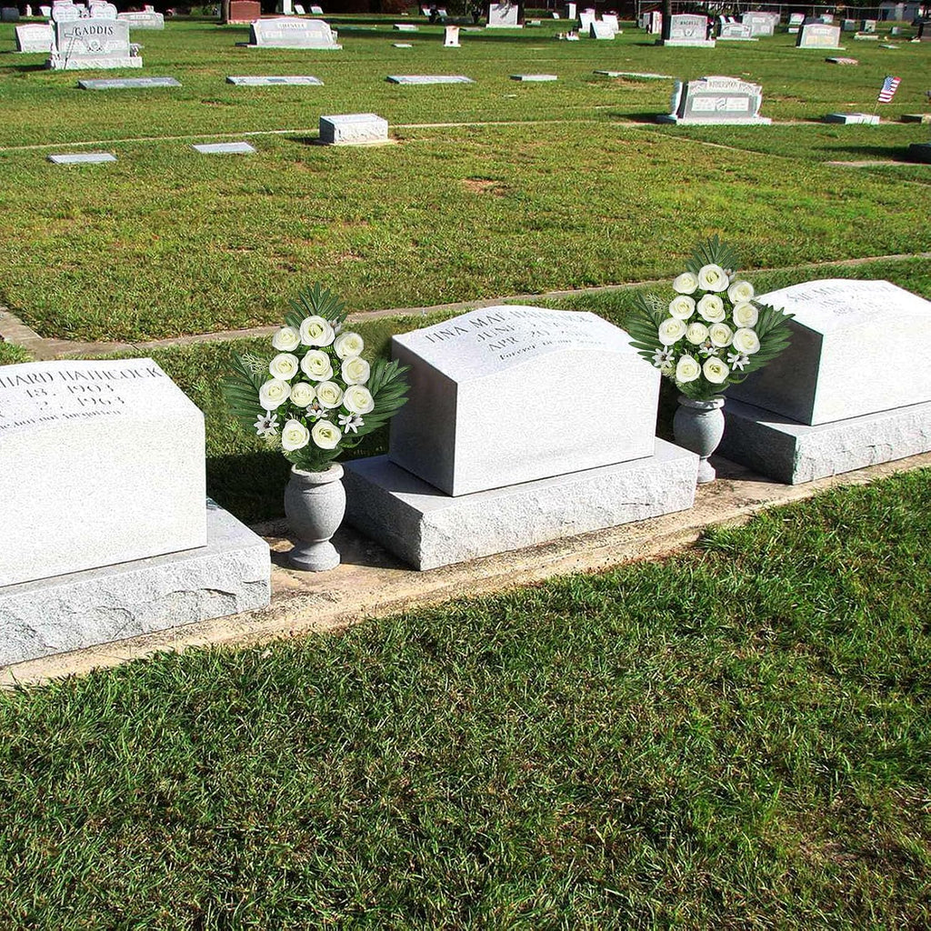 Artificial Cemetery Flowers for Grave, Set of 2 Silk White Faux Rose Bouquet Flowers Outdoor Graveyard Memorial
