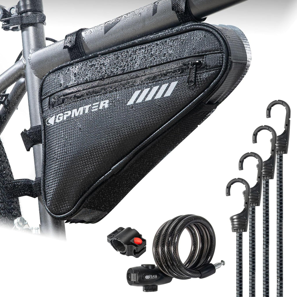 Triangle Bike Frame Bag with 2 Mesh Pockets, Water Resistant Bicycle Travel Storage Bag with 4 Bungee Cords and Bike