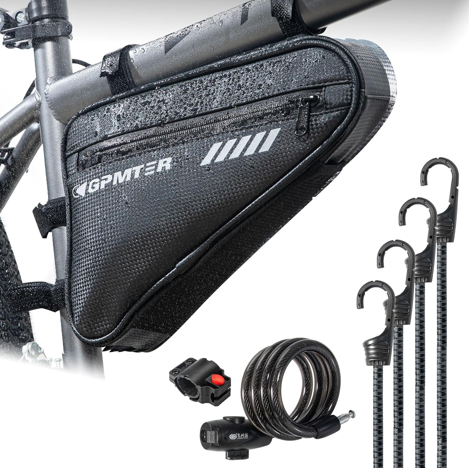 Triangle Bike Frame Bag with 2 Mesh Pockets, Water Resistant Bicycle Travel Storage Bag with 4 Bungee Cords and Bike