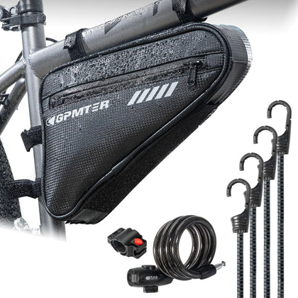Triangle Bike Frame Bag with 2 Mesh Pockets, Water Resistant Bicycle Travel Storage Bag with 4 Bungee Cords and Bike