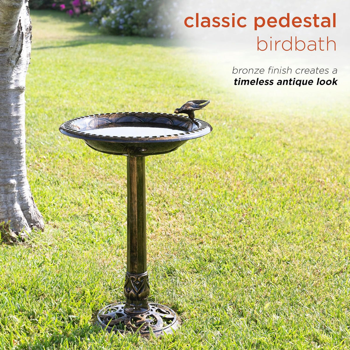 27" Tall Outdoor Antique Pedestal Birdbath with Bird Statue Decor, Durable Polypropylene Construction, Bronze