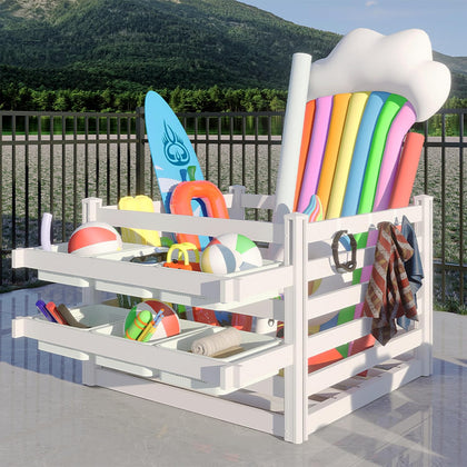 63" L x 46" W x 38" H Vinyl Poolside Deckbox Storage Organizer with 9 Movable Hooks, Pool Storage Equipment Organizer