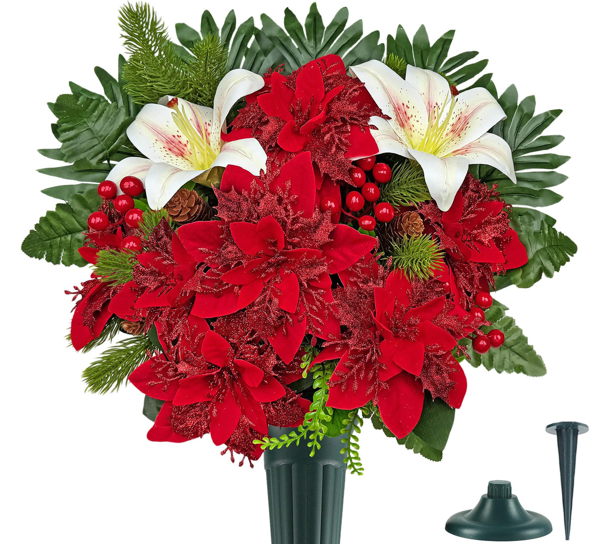 Artificial Cemetery Flowers, Red & White Poinsettia Christmas Bouquet