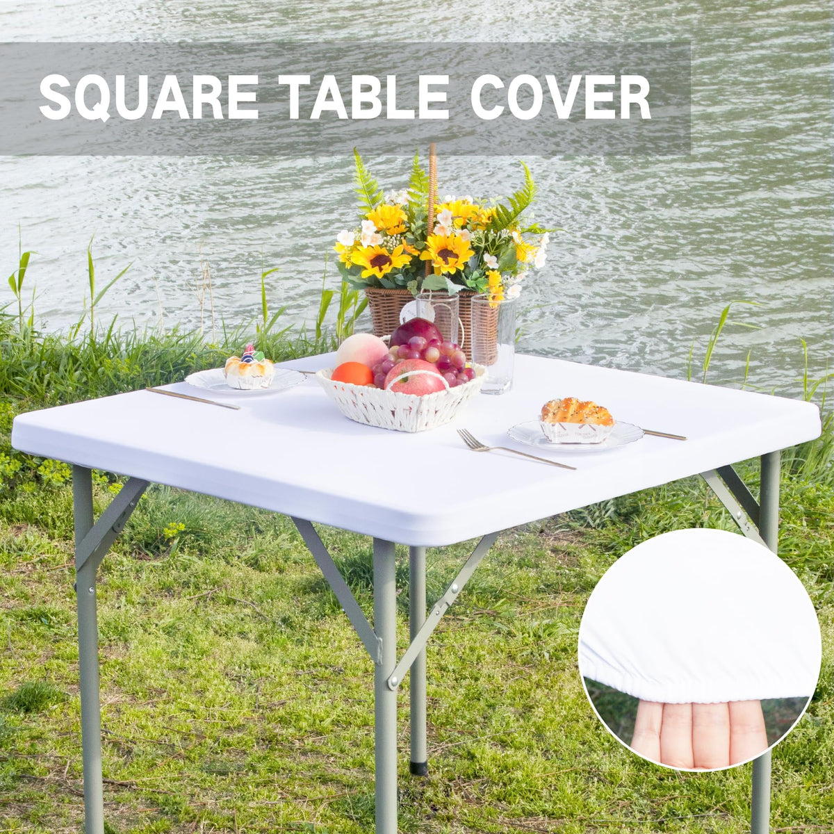 Card Table Covers Fitted Square Elastic Tablecloth, White 34x34 in
