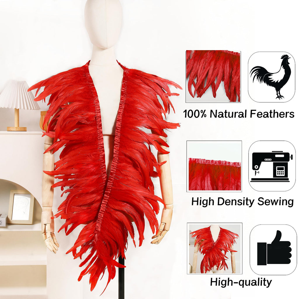 Red Rooster Feather Trim for DIY Sewing Crafts, 10-12inch 2 Yards