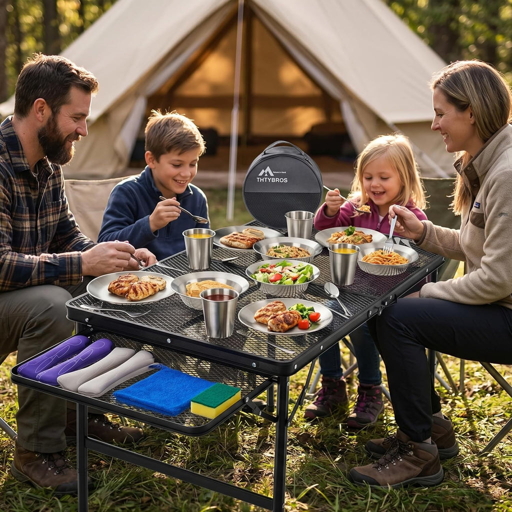 Stainless Steel Camping Mess Kit for 1-4 People,All-in-One Camping Cookware & Tableware Set with Plates,Bowls