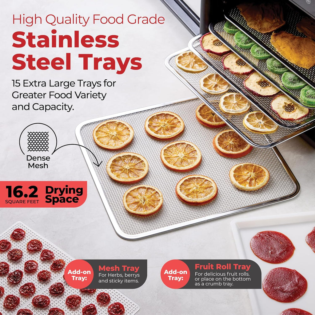 Premium Food Dehydrator Machine (15 Extra-Large Stainless Steel Trays) 800W Dryer for Beef Jerky, Fruits, Vegetables