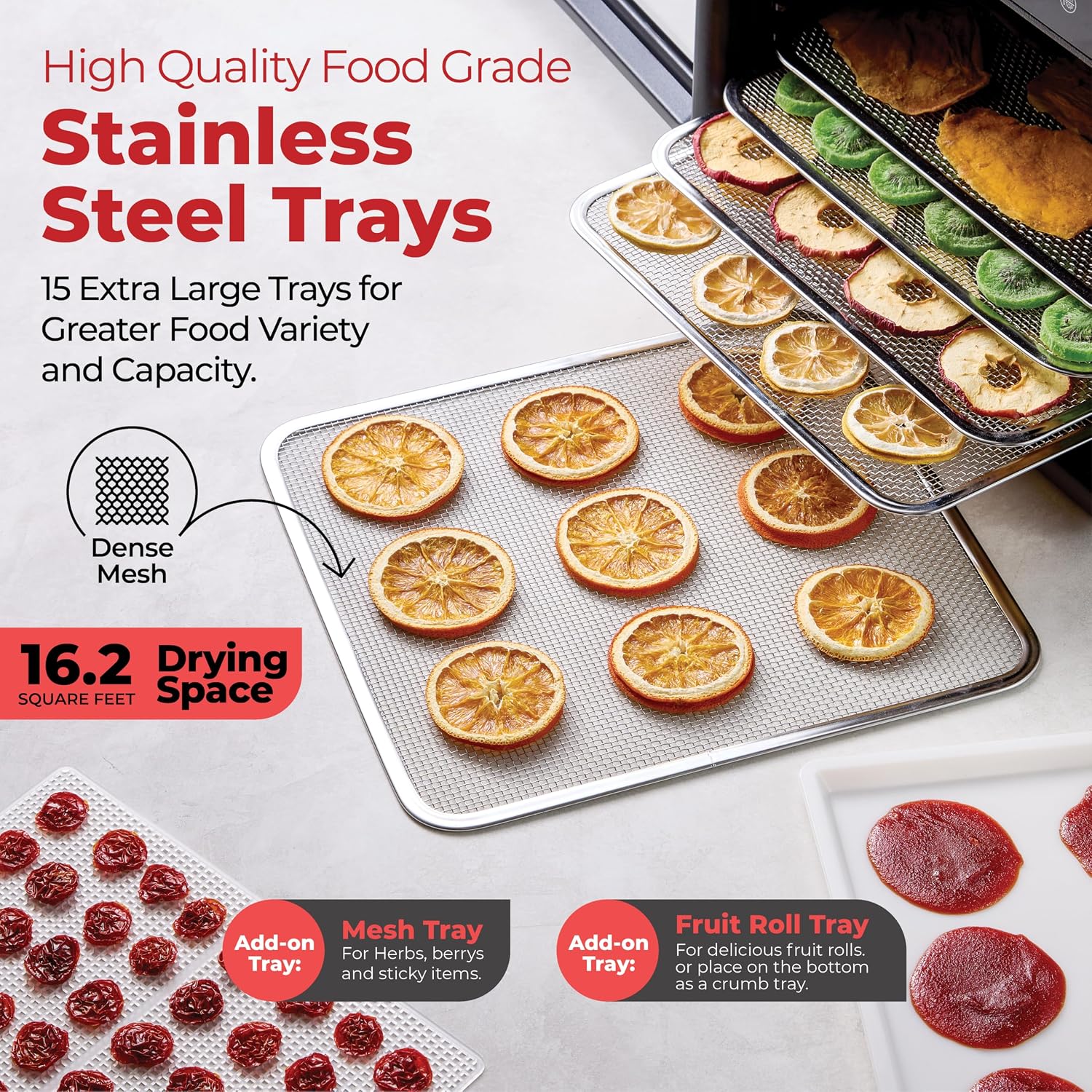 Premium Food Dehydrator Machine (15 Extra-Large Stainless Steel Trays) 800W Dryer for Beef Jerky, Fruits, Vegetables