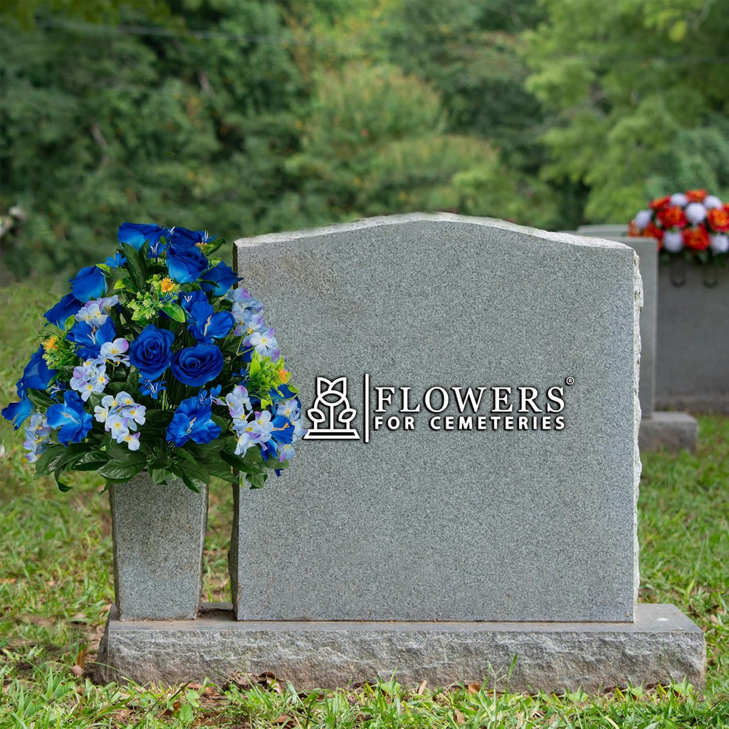 Artificial Cemetery Flowers - Gravesite Flowers - Blue Roses and Hydrangeas