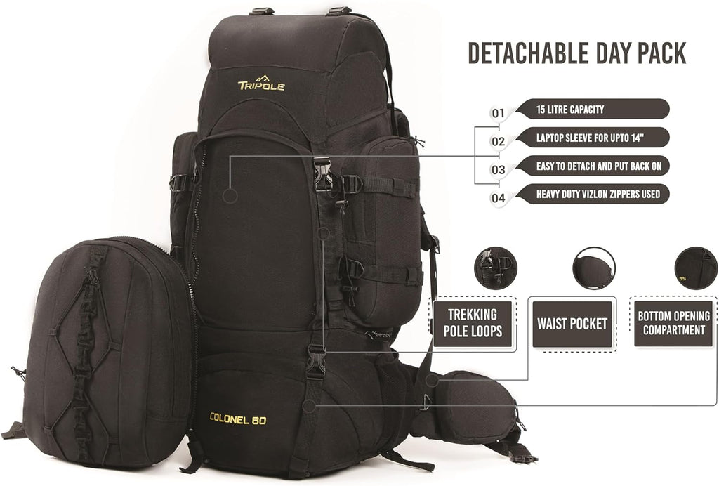 Colonel 80 Litres Internal Frame Trekking and Hiking Rucksack + Detachable Day Pack, Rain Cover, Black