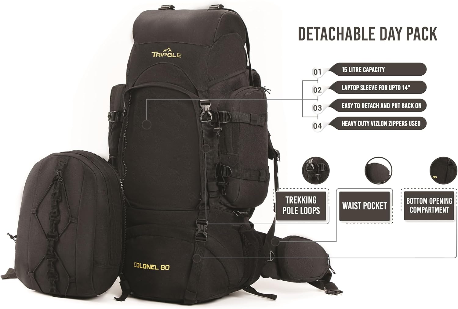 Colonel 80 Litres Internal Frame Trekking and Hiking Rucksack + Detachable Day Pack, Rain Cover, Black