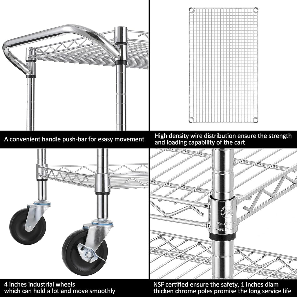 3 Tier Heavy Duty Commercial Grade Utility Cart, Wire Rolling Cart with Pushing Handle Bar, Steel Metal Kitchen