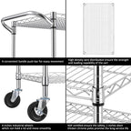 3 Tier Heavy Duty Commercial Grade Utility Cart, Wire Rolling Cart with Pushing Handle Bar, Steel Metal Kitchen