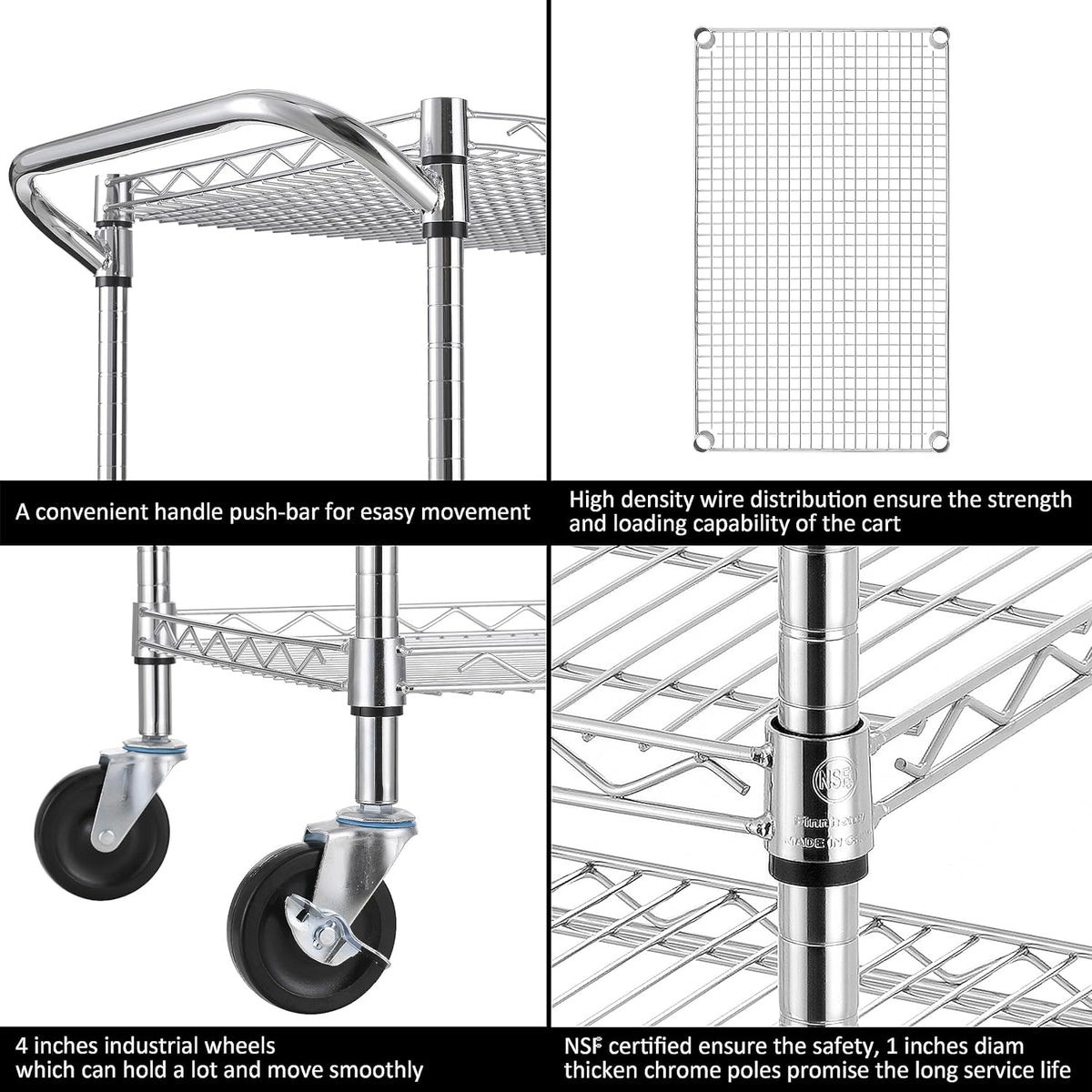 3 Tier Heavy Duty Commercial Grade Utility Cart, Wire Rolling Cart with Pushing Handle Bar, Steel Metal Kitchen