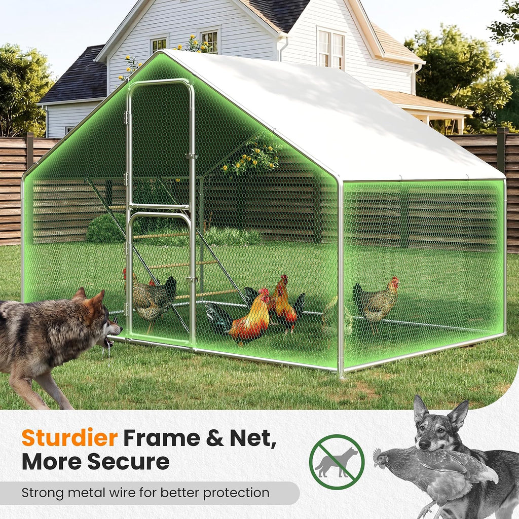 Large Metal Chicken Coop 10x6.5 FT Walk in Chickens Run with Chicken Roosting Perch, Outdoor Chicken House with