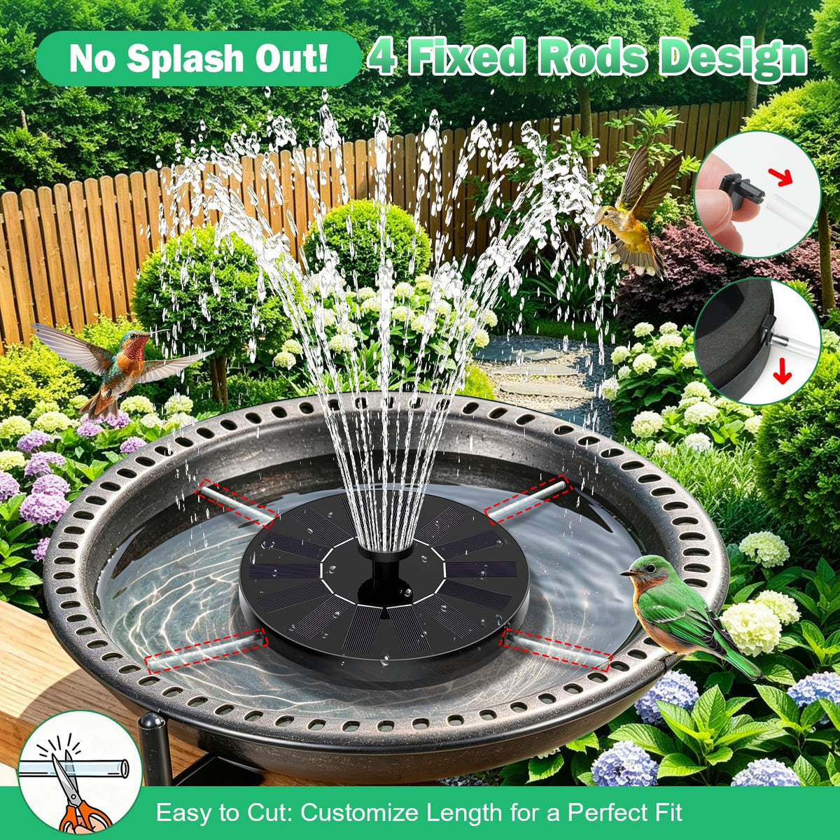 Glass Solar Bird Bath Fountain Pump, 8 Nozzles & 4 Rods, Black