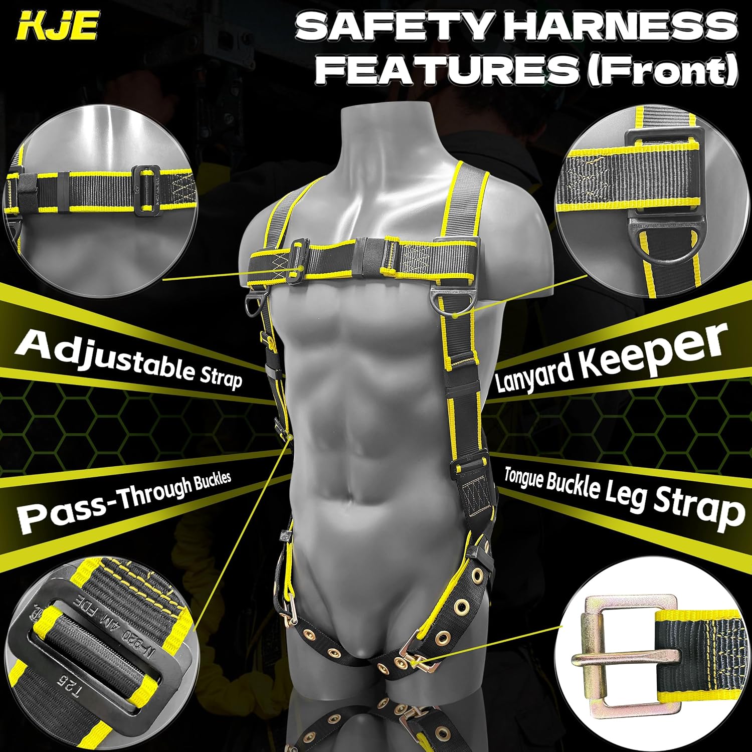 Safety Harness Fall Protection Kit - Construction Roof Full Body Harness w/Detachable 6FT Shock Absorbing Lanyard &