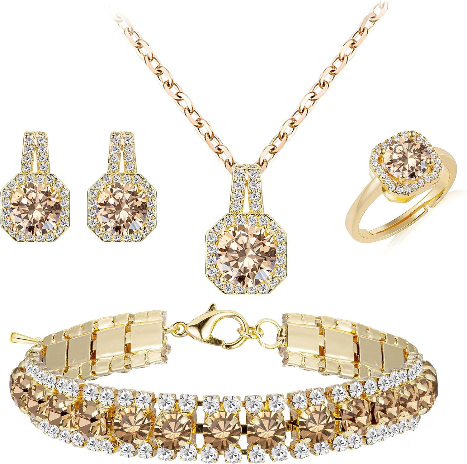 4 Pcs Cubic Zirconia Wedding Jewelry Sets for Bride Bridesmaid Cubic Zirconia Pendant Necklace Earrings Link Tennis
