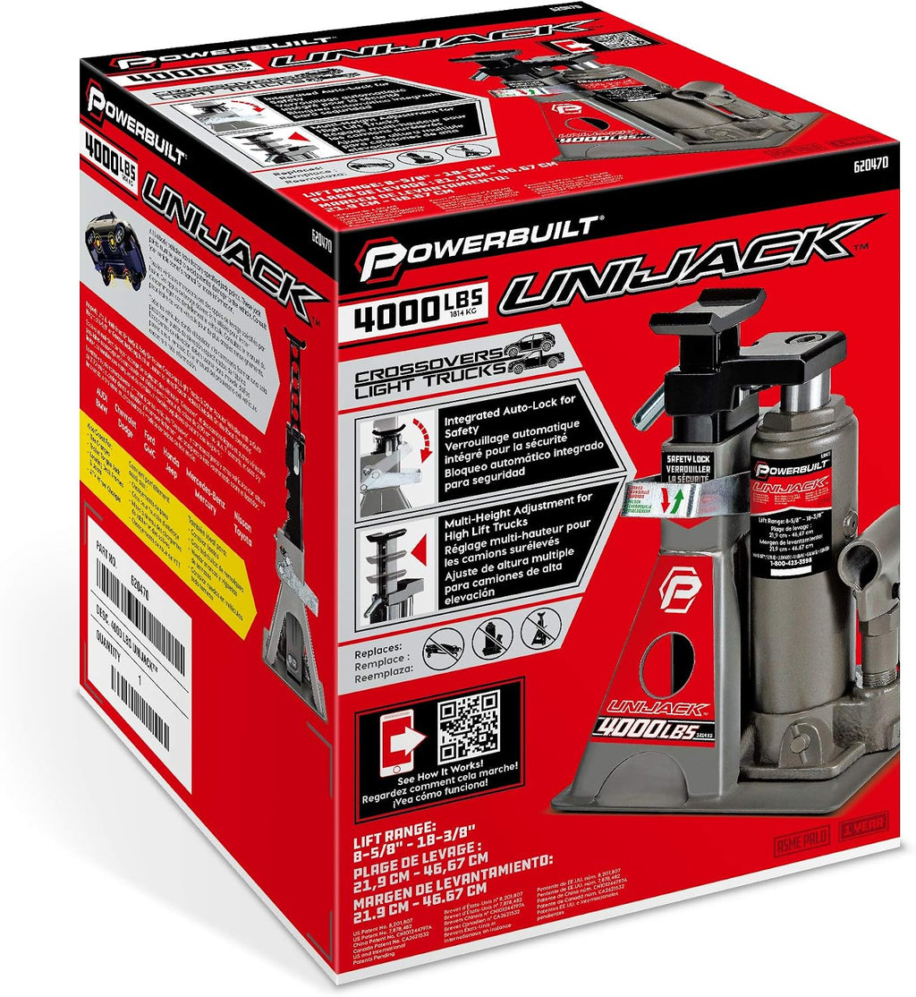 2 Ton UniJack Combination Hydraulic Bottle Jack / Jackstand in 1 Unit, Compact, Portable, Wide Base, for Unibody