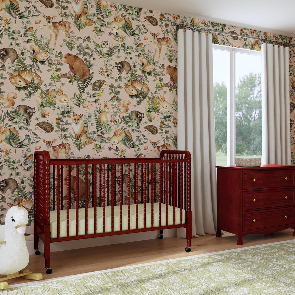 Jenny Lind 3-in-1 Convertible Crib in Rich Cherry, Removable Wheels, Greenguard Gold Certified