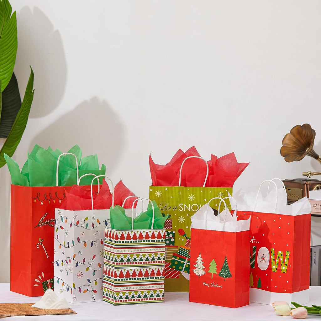 24 Pack Assorted Sizes Christmas Gift Bags Bulk with Tissue Paper