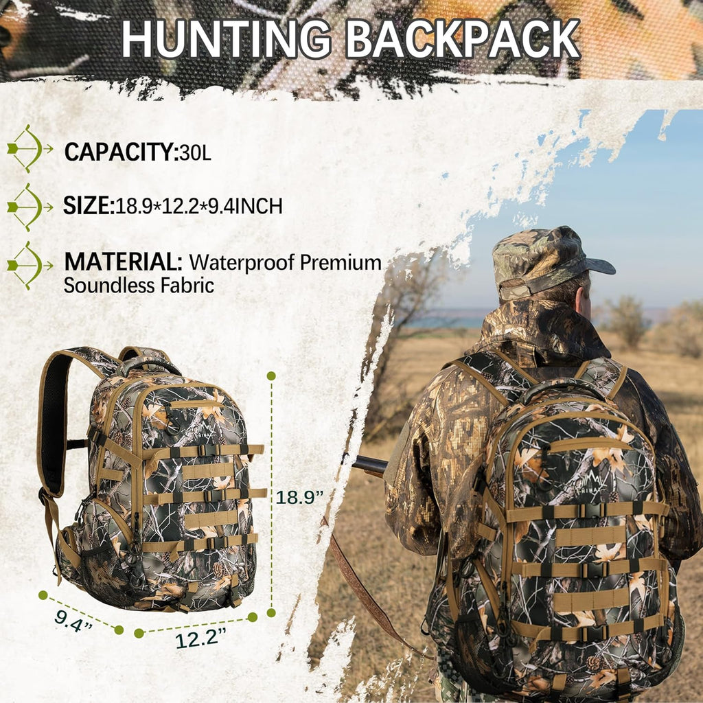Hunting Backpack,30L Camo Daypack for Deer Bowhunting | Waterproof,600D Fabric,Hunting Gear,Rain Cover,Large