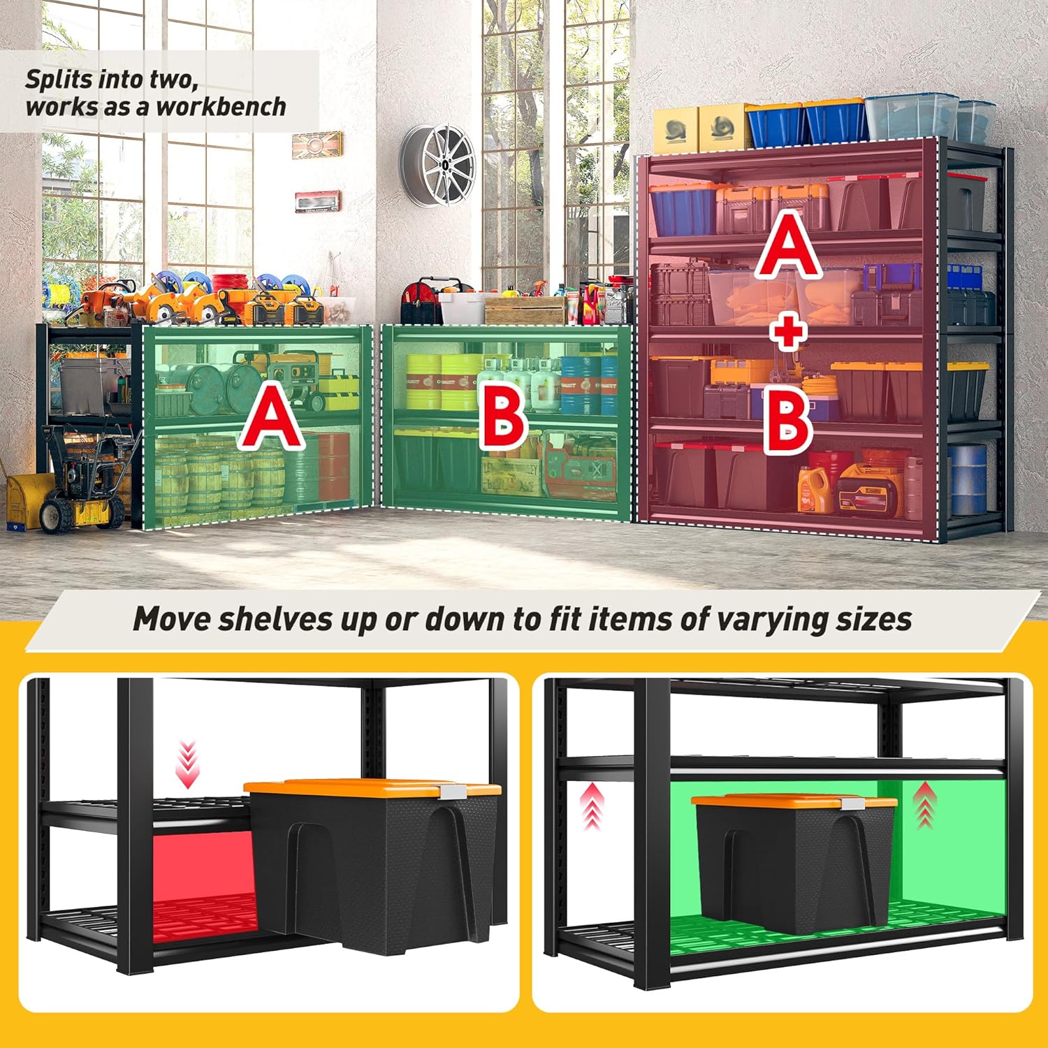 Garage Shelving 3200LBS, 5-Tier Storage Shelves, Adjustable Industrial Metal Shelving Unit for Garage, Basement
