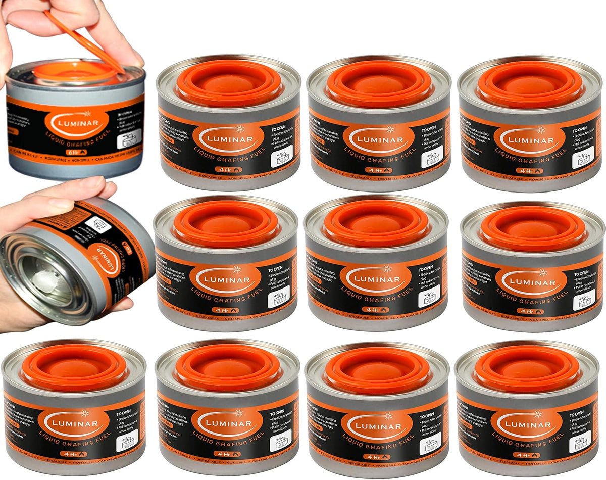 Resealable-Wick Chafing Fuel Cans, 12 Pack, 4 Hour - Premium Quality Burners for Food Warmers - No More Spills