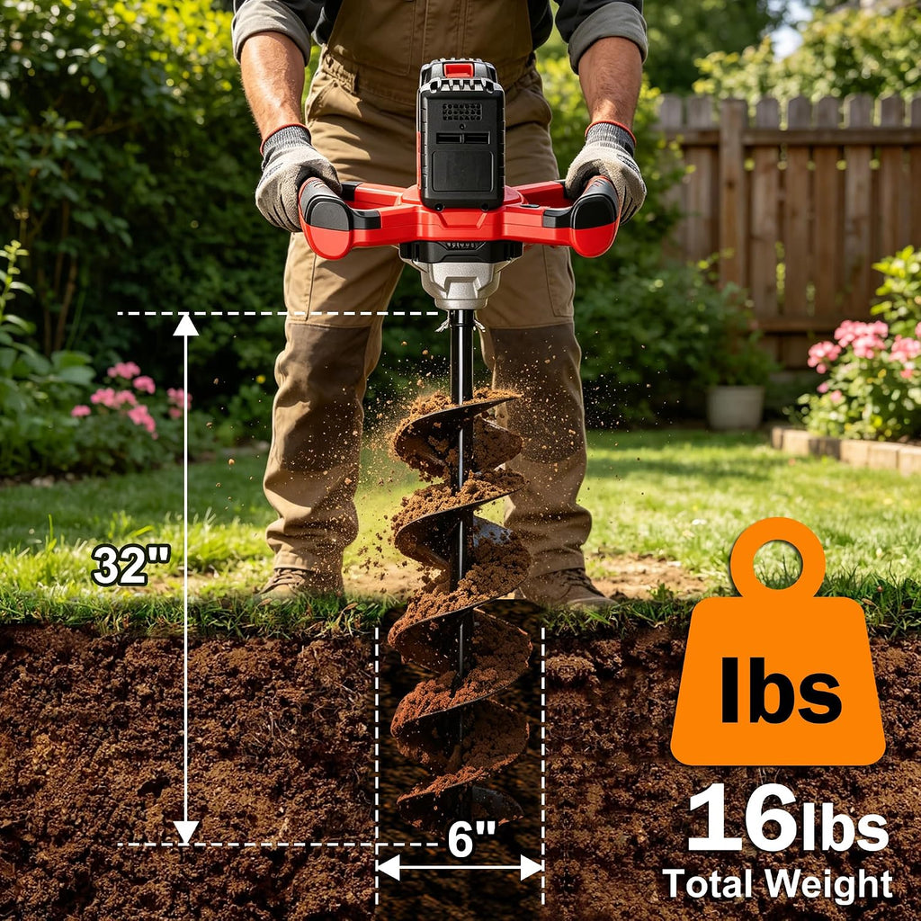 Auger Post Hole Digger,Electric Earth Auge, Equipped with 6-Inch Drill Bit and Two 4.0Ah Batteries. It Supports