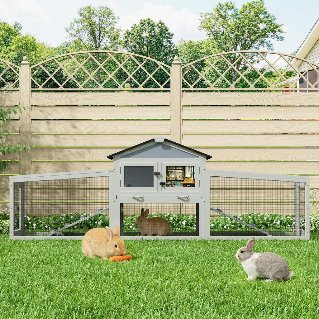 92in Rabbit Hutch, 2-Tier Bunny Cage with Asphalt Roof & 3 Run Boxe | 2-Tier Design With 2 Run Boxes, Asphalt Roof &