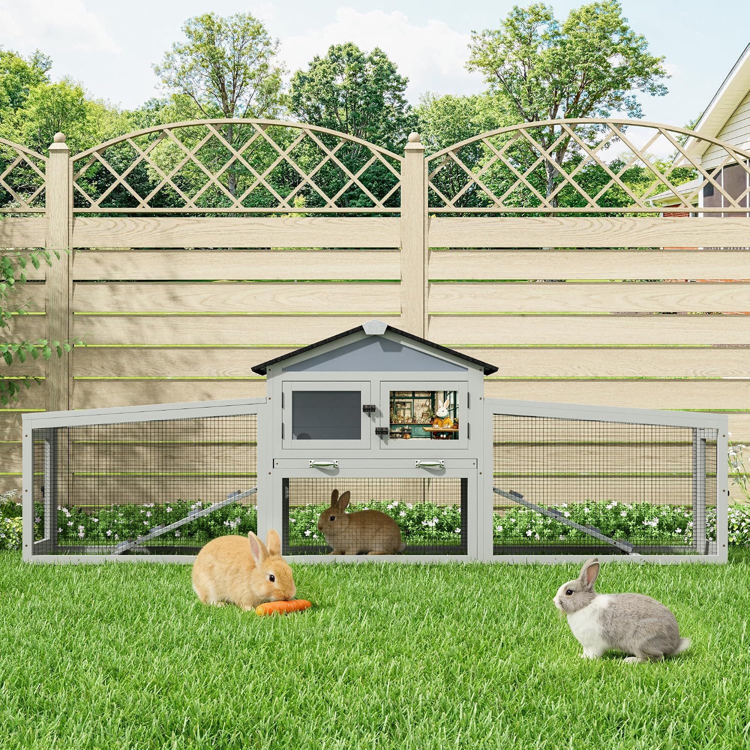 92in Rabbit Hutch, 2-Tier Bunny Cage with Asphalt Roof & 3 Run Boxe | 2-Tier Design With 2 Run Boxes, Asphalt Roof &