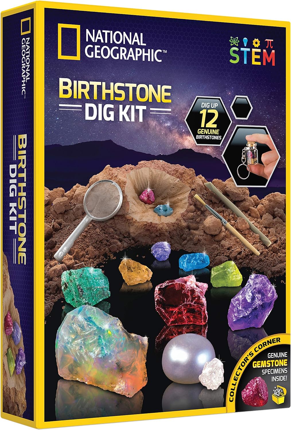 National Geographic Birthstone Dig Kit with 12 Genuine Gemstones for Kids | Real Diamond, Ruby, Sapphire & Pearl