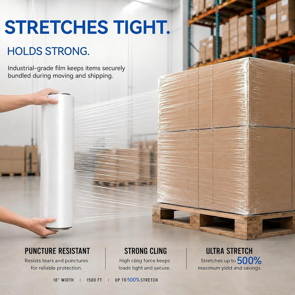 18" x 1500 Ft Stretch Shrink Wrap with Handle, 80 Gauge, 4 Pack