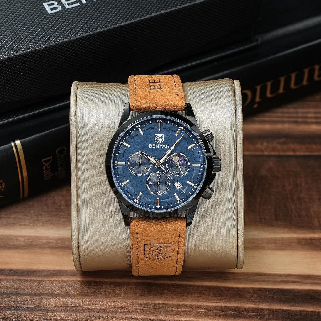 Mens Watch Analog Quartz Movement Chronograph Stylish Casual Wristwatch with Stainless Steel Bracelets Waterproof