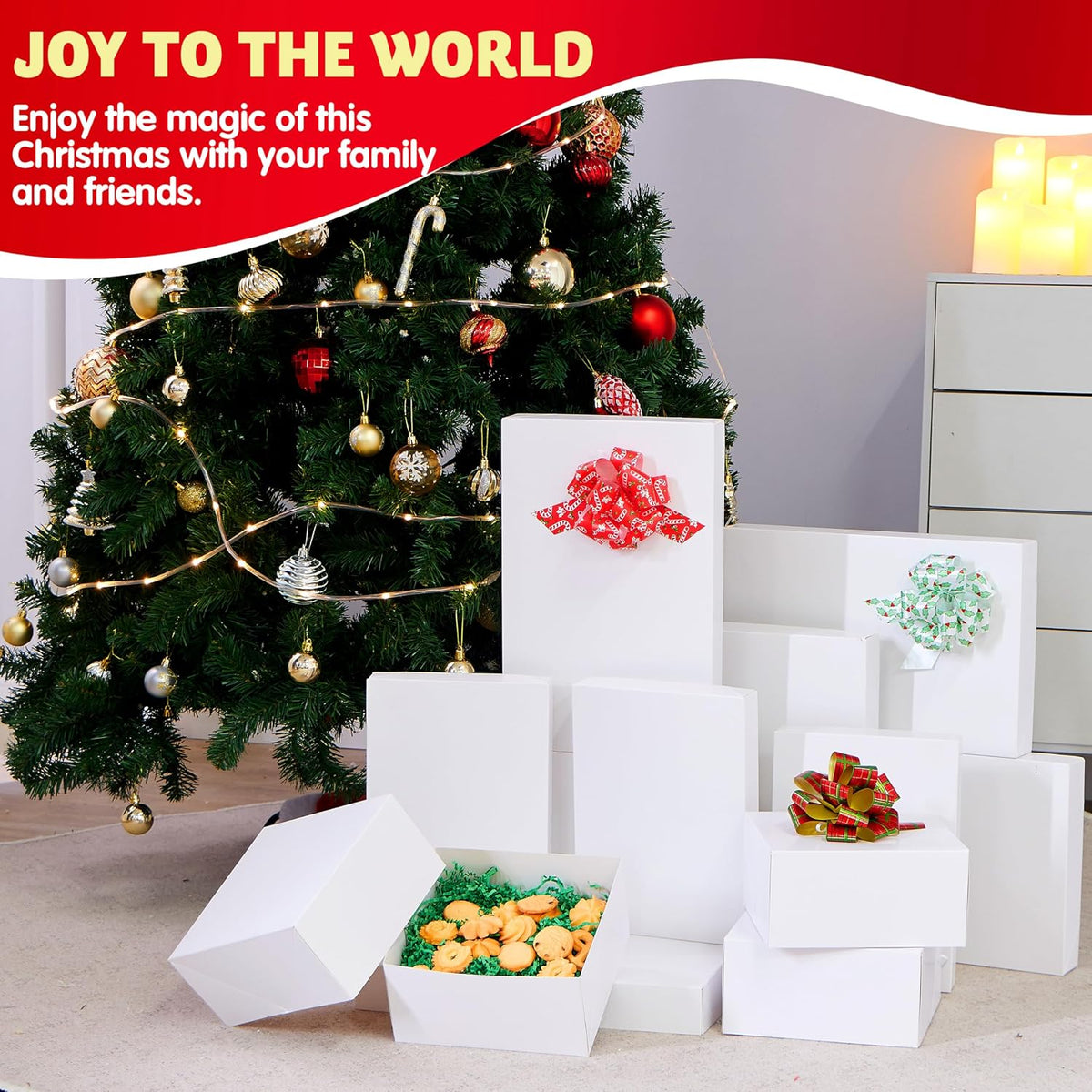 12PCS Christmas White Gift Boxes with Lids for Presents, 4" Deep Large Shirt Robe Wrapping Box, 4 Different Sizes