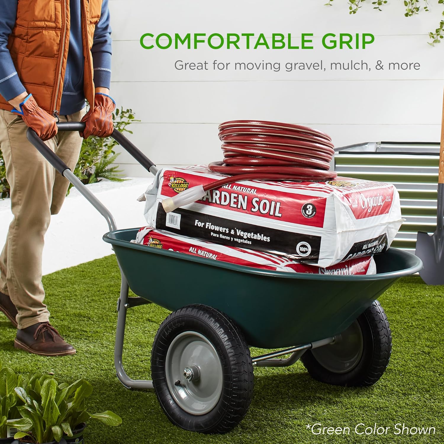 Dual-Wheel Home Utility Yard Wheelbarrow Garden Cart w/Built-in Stand for Lawn, Gardening, Construction - Seafoam