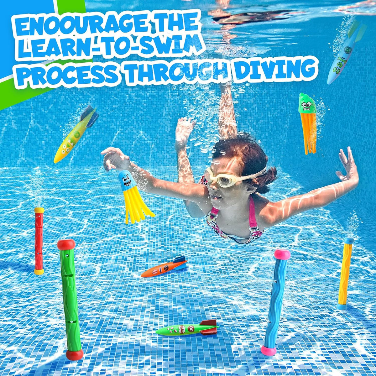 Dive Rings Pool Toys Adults, Diving Pool Toy for Kids Ages 4-8, Shark Torpedo Dive Set, Octopus Toddler Water Fun