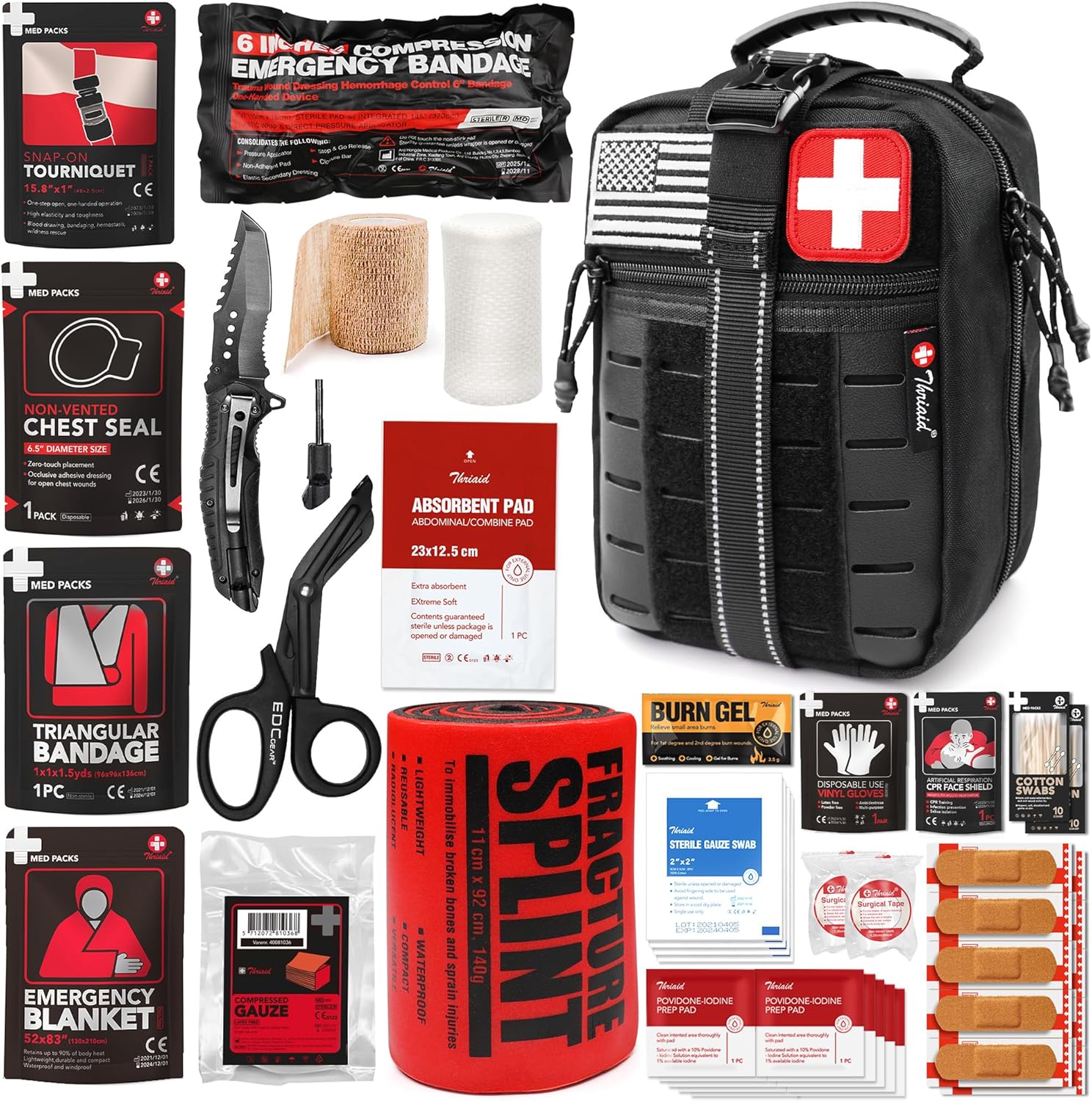 Survival First Aid Kit with Israeli Bandage, Chest Seal, Tourniquet, Splint, Tactical Military Combat Molle IFAK for