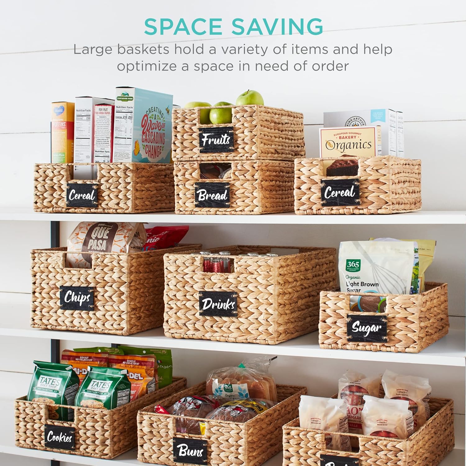 Set of 4 9x12in Water Hyacinth Pantry Baskets, Woven Organizers w/Chalkboard Label, Chalk Marker - Natural