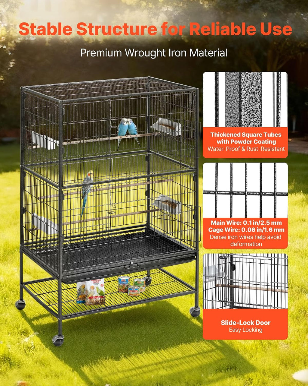 Bird Cage, 31.5 x 20.5 x 52 inch, Flat Top, Wrought Iron Bird Flight Cage with Perches, Slide-Out Tray and Plastic