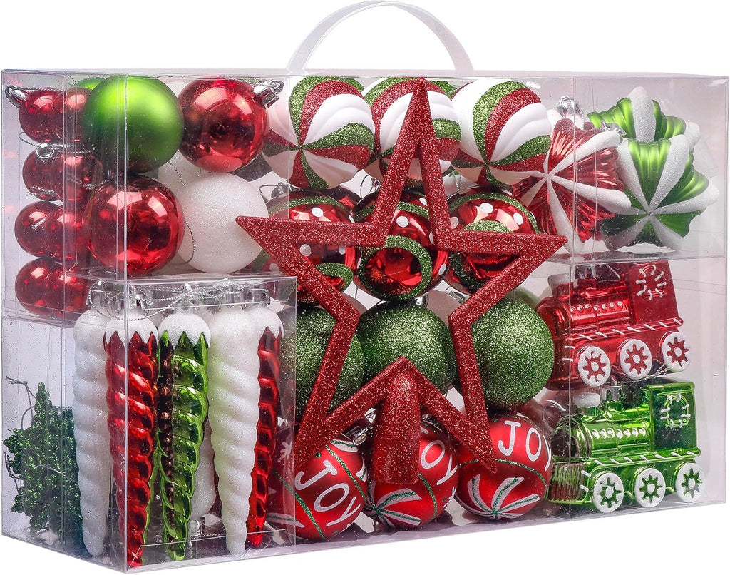 Christmas Ornaments Set, 100ct Red Green White Shatterproof Christmas Tree Decorations Variety Ball Ornaments Bulk
