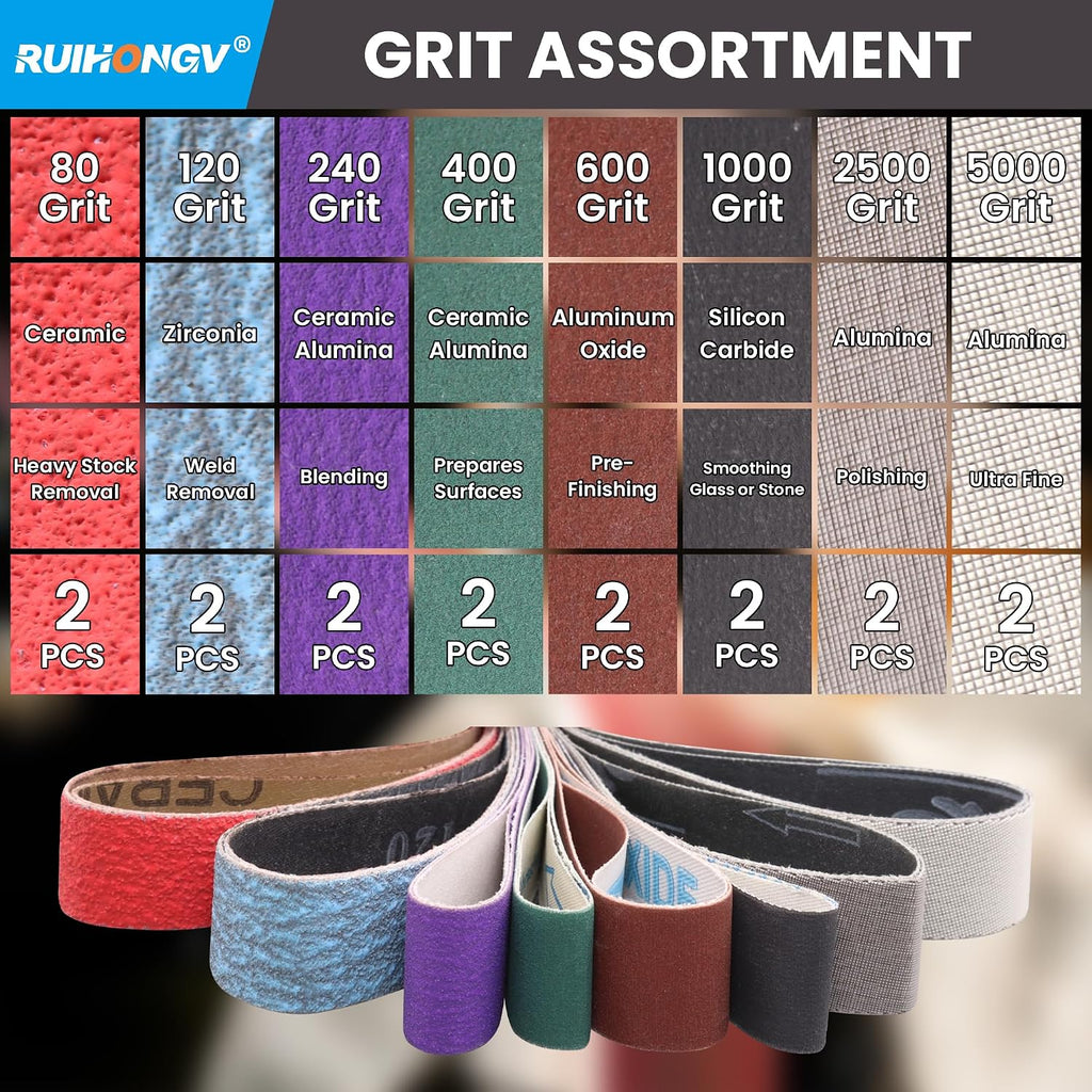 1 x 30 Inch Sanding Belts Assortment 80-5000 Grit, 16 Pack