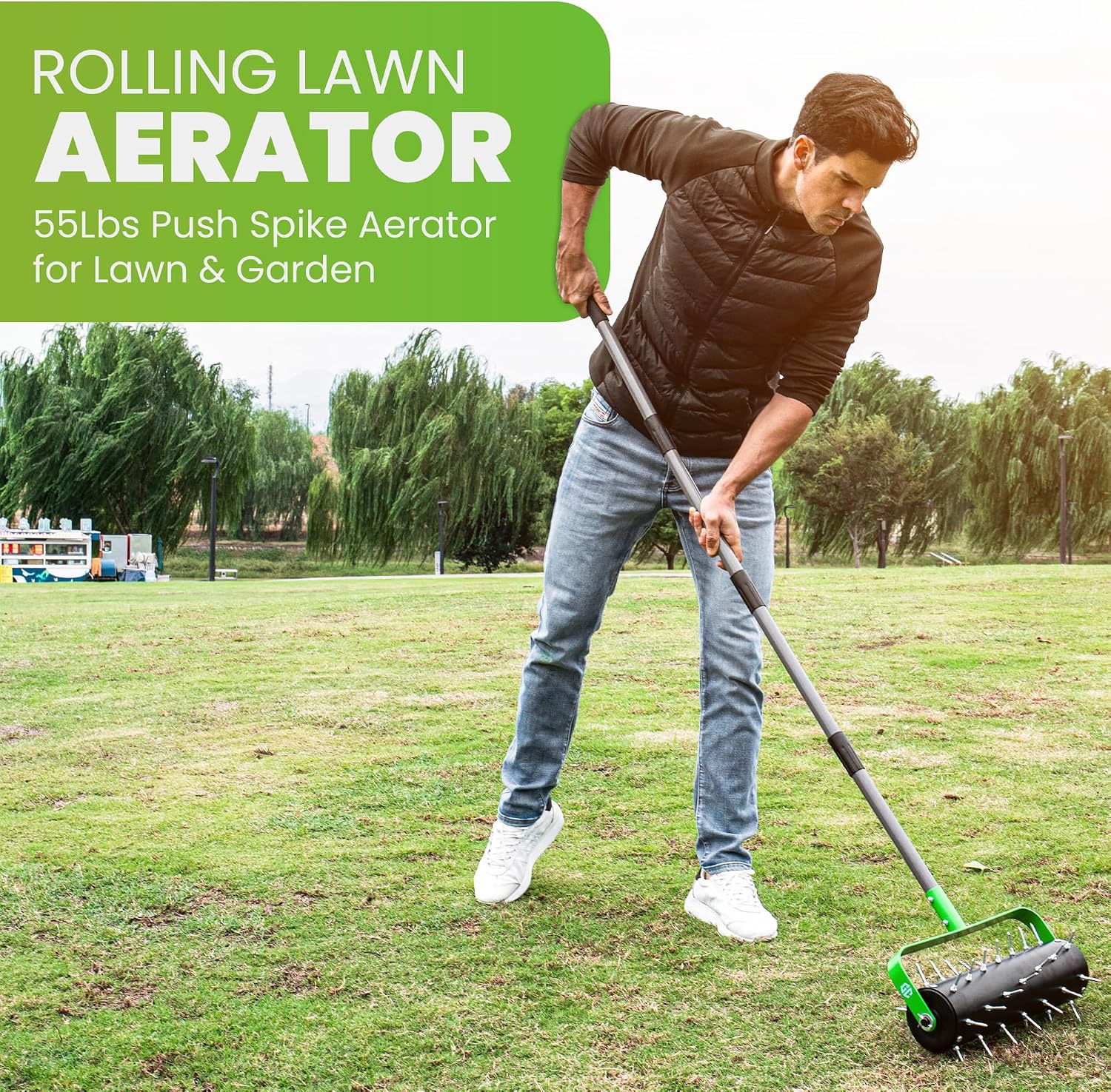 Manual Lawn Aerator Roller Tool, Heavy-Duty Rolling Lawn Aerator, 42 Pre-Attached Steel Spikes, 57 Inch Adjustable